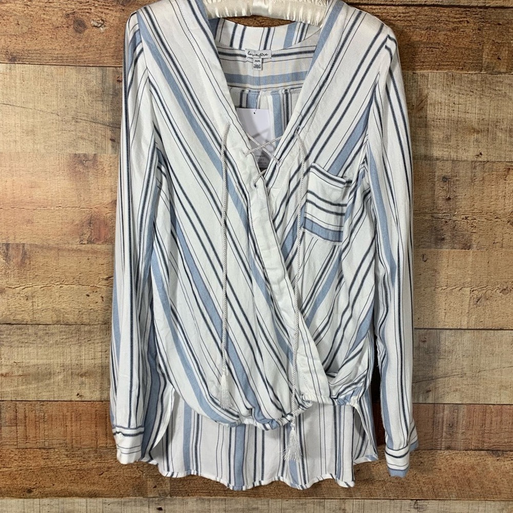 Love, Fire Blue & White Striped Blouse Size Medium NWT